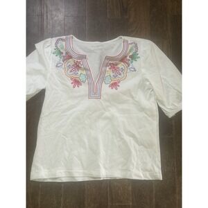 Talbots Short‎ Sleeve Embroidered V-Neck 100% Cotton White Blouse Women's Size S